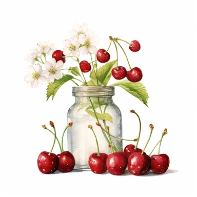 Commercial shot of realistic watercolor painting of a really cute cottagecore cherry themed flower vase clipart, aesthetic, good looking food, delicious, yummy, foodie, healthy, white background no text, isolated on white, watercolor illustration, award winning, strong and sharp lines