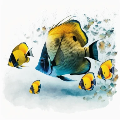 a butterflyfish at the bottom of the ocean floor with other smaller fishes, vibrant colors, watercolor style, clipart, white background