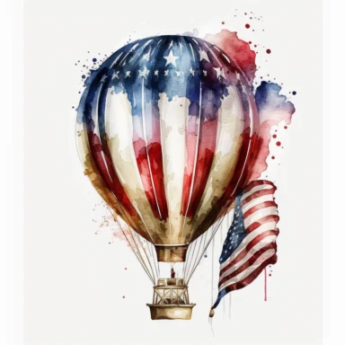 hot air balloon clipart american flag patriotic, water color, white background