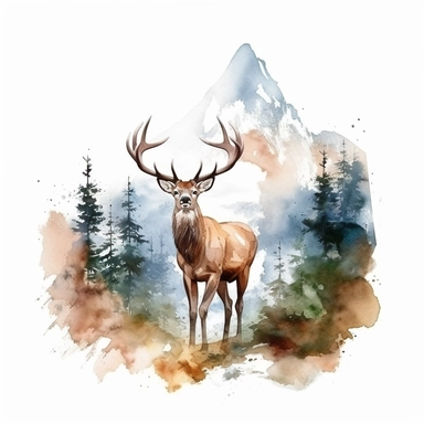 watercolor style, buck deer with the mountain forest in the back clipart, isolated on white background, hd