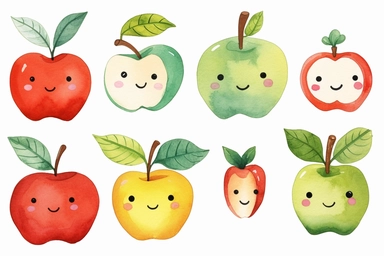 minimalistic clipart set watercolor clipart, eaten apple , Cute kawaii sticker