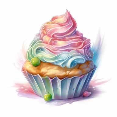 a drawing of a dessert featuring candy and whipped cream, in the style of pastel toned, shiny/glossy, colorful fantasy realism, caffenol developing, warmcore, #screenshotsaturday, rubens, white background, isolated, free brushstrokes, watercolor illustration, clipart,