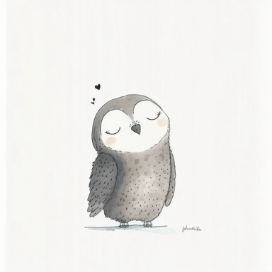 a minimal doodle of a happy adorable great grey owl, watercolor and ink drawing, clipart, happy, gentle smile, beautiful watercolor ink wash coloring, thick pencil lines, Jon klassen, Adrian tomine, popular on etsy, watercolor illustrations clipart, watercolor illlustrations for kids and children, book illustrations, plain white background