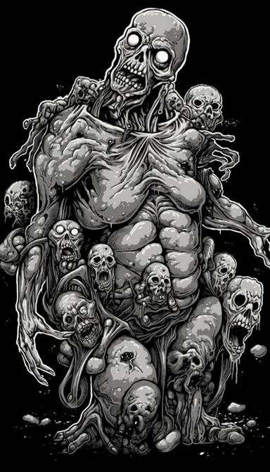 Blob's like Cluster of body ghoul zombie lacerated limbs in a death metal t - shirt design monochromatic clipart in a creepy Rectangular shape