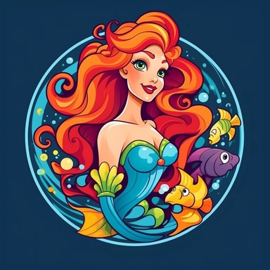 Create a vector clipart that emulates the Disney art style, showcasing a mermaid akin to Ariel from 'The Little Mermaid.' The mermaid should bear a stylish and dynamic design, complete with a vibrant, colorful mermaid tail. An emblem should be woven into the design, retaining harmony with the overall look while maintaining prominence, flowers, fish
