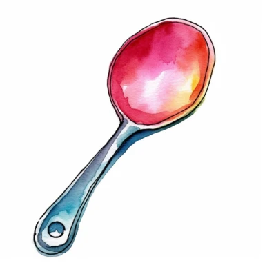 A watercolor ladle clipart against a pristine white background, showcasing the simplicity and functionality of this classic kitchen utensil. The watercolor strokes add a sense of movement and grace, capturing the ladle's curved shape and smooth lines. The colors used are bold and vibrant, symbolizing the nourishment and joy that a ladle brings to a meal. The white background creates a clean and contemporary composition, allowing the ladle to stand out as a symbol of culinary tradition.