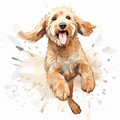 A hand-made clipart of a CUTE Labradoodle in a playful pose, with tongue out, white background, joyful, energetic, playful, watercolor palette, real life dog colors, shades of pastel golden, cream, and chocolate or brown, hand-drawn, vector art, cute and quirky, Adobe Illustrator, hand-drawn, soft lighting, retro aesthetic, focused on the character, 4K resolution, photorealistic rendering.