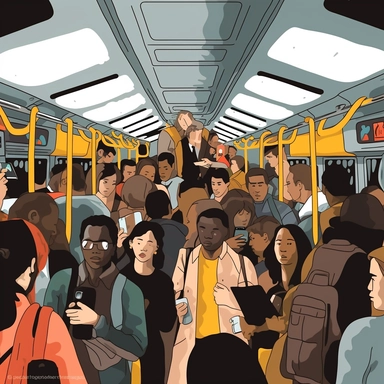 clipart, crowd in train, minimal, phone,