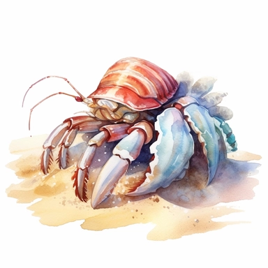 watercolor hermit crab on beach clipart, white background, no text
