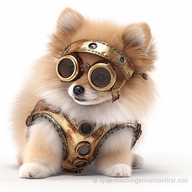 steampunk pomeranian wearing googles, photorealistic, white background, clipart