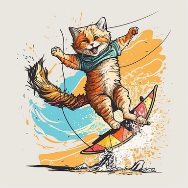 clipart, smiling cat is kitesurfing and wearing kitesurfing clothes, full body, splash, sunburst graphic, Tshirt designvector, blank background –-upbeta –- q2