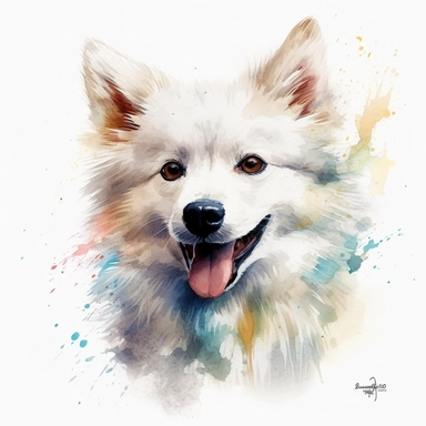 cute American Eskimo dog portrait, full face, centered shot, side shot, dynamically posed, in action, playful mood, happy mood, playing mood, cute face, adorable smile, childlike eyes, clean watercolor illustration, white background, nursery baby imagery, painting, detailed, 8k, PNG, clipart,