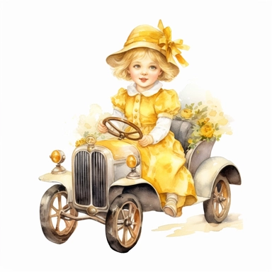 Watercolor Victorian baby girl in driving a yellow ford t car from the era clipart , on a white background, Illustration clipart, 4K, extremely detailed