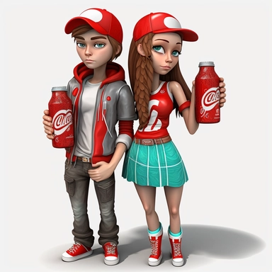 3D Cartoon lovers in the form of coca cola clipart mascot , with a transparent background, 128K super mega pixel, insane detail, hyper-detailed, with huge details, UHD, 8K