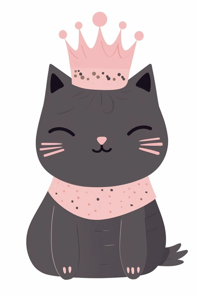 cute, simple children's drawing of a feminine dark tabby cat, white paws, as a princess with crown, pink ribbon, laid out stretched, clipart style, concept art, transparent no background, simple, vibrant colors
