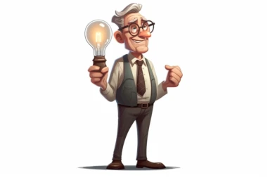 Clipart Image of a male businessman with a light bulb in his hands cartoon character isolated on a white background