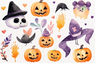 witch skulls, halloween hearts, pumpkins, ghosts, butterflies clipart, in the style of playful watercolors, quirky characters, colorful animation stills, polka dot madness, aquarellist, kawaii street art, light white and dark amber