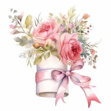 paper scroll with pink ribbon roses and other flowers clipart elements watercolor, white background