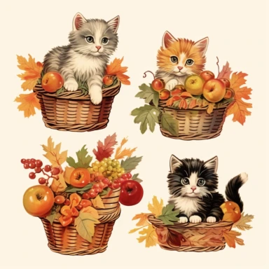 illustration of autumn themed basket of kittens, vintage clip art