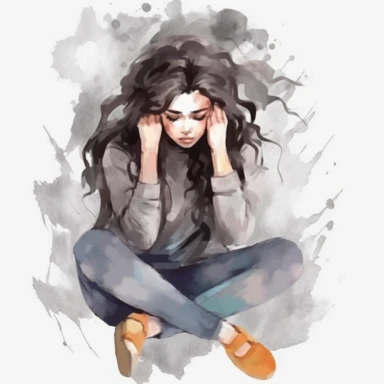watercolor, Frustrated women with nervous problems feel anxiety and confusion of thoughts Mental disorder and chaos in consciousness. Girl with anxiety touch head surrounded by think png Full body realistic cartoon in 32K UHD cute. 15 cm thick outline. Black color. There was no shadow on the ground. 8k with realistic watercolors and detailed illustrations. PNG clipart, transparent white background