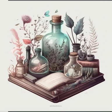 Luz academia, old wooden shelf, potion bottle, bottle, grass, diary, glass with brushes, snail fossil, candle, vase, pink and white peonies, pink, white, light blue, purple, pastel colors,clipart on a white background, an illustration of by Annabel Kidston, shutterstock contest winner, generative art, detailed painting, digital illustration, photoillustration isolated on white background, digital watercolor