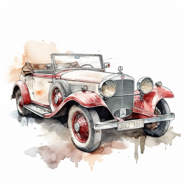 antique Mercedes Benz convertable car, watercolor Illustration, Sublimation graphics, Watercolor clipart, single design, print on demand image, by Beatrix Potter, PNG transparent background, white background, 8k