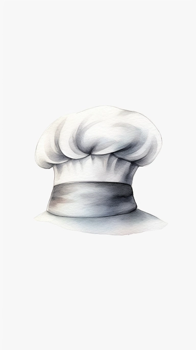 watercolor art of a white chef's hat simple clipart, subtle white grey and black color variation, 4k uhd