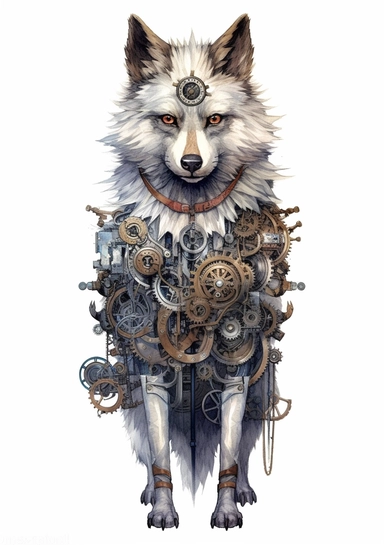 Steampunk Gray wolf clipart, realistic, Watercolor Retro Futuristic Victorian Era, art picture, full body, watercolor, multicolor, white background, lots of details, high quality - 8K,