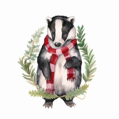 Christmas woodland cute badger full body naive art soft watercolour Clipart white background high resolution
