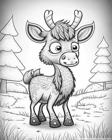 cute moose - in a pasture for children’s coloring book, cartoon style, thick lines, no shading assasinmonkey, duplicate faces, blurry, drawing, cartoon, illustration, painting, concept art, cgi, unreal, anime, black&white, b&w, picture frame, deformed, bad anatomy, disfigured, poorly drawn face, mutation, mutated, extra limb, poorly drawn hands, done by bad-artist, ugly, dazed, 3D render, 3D game, 3D game scene, 3D character, mosaic, painting, digital art, anime, doll, toy, photoshop, video game