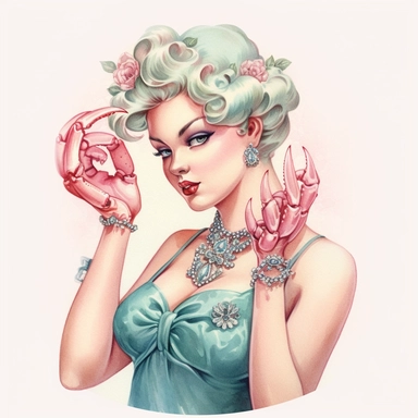 Hand drawn 1950’s pin up woman, dressed like cancer the crab, very glamorous with jewelry, shades of dusty rose teal and blue, half body, very detailed and realistic, watercolor, white background with margins, clipart style