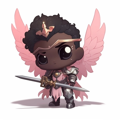 zeeb labs art style boy, angel knight, tiny chibi body with pink armor, dark skin tone, crown, wings, ax, smerk, super long cape, clipart, sticker, no background, hd