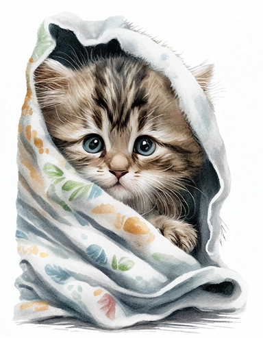 baby cat in a blanket, watercolor clipart, transparent background