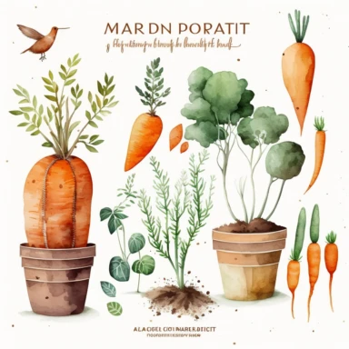 carrot, rustic garden watercolor clipart on white background, brown green terracotta orange wood white grey