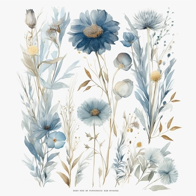 Create a captivating and ultra-detailed Bohemian Blue Watercolor Clipart Set, featuring an array of wild flowers with a touch of dusty blue. Each clipart element should be meticulously painted, capturing the essence of bohemian charm and the delicate beauty of watercolor. Incorporate a variety of wild flowers, such as daisies, sunflowers, and other blooms found in nature's wilderness, all adorned with stunning shades of dusty blue. Design the clipart set with intricate detailing, showcasing the 