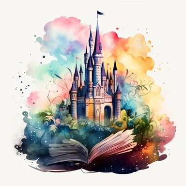 A retro watercolor fantasy book clipart, the book has a castle and forest on it, in the style of technicolor dreamscape, swirling vortexes, nightcore, dissected books, disney animation, symbolic images, whimsical portraits, dark color scheme