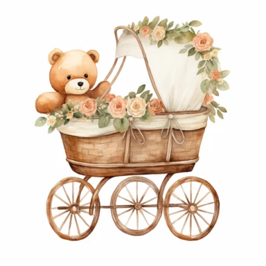clipart, cute, boho, simple, clean watercolor, baby trolley with vintage bears inside