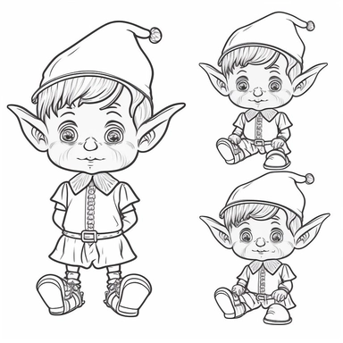 clip art coloring book page for toddler. four different images of an Elf. white background. simple line drawing. very low detail.