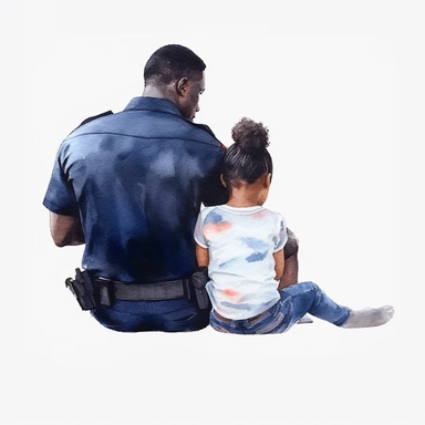 Police officer Black Dad Sitting With Daughter Back View Full body Watercolor Sublimation Clipart, Cartoon, hyper realistic, intricate detail, illustration style, high solution, on the white background
