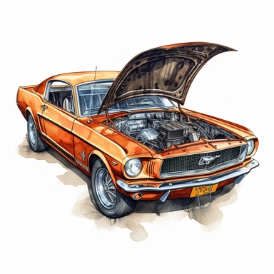 Ford Mustang car, clean car, hood open, reveals a rusted and smoked car engine, car motor, clipart, clipart style