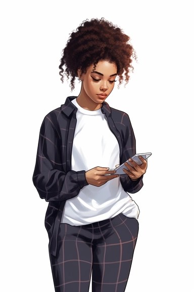 black girl looking at her cell phone clipart on a white background