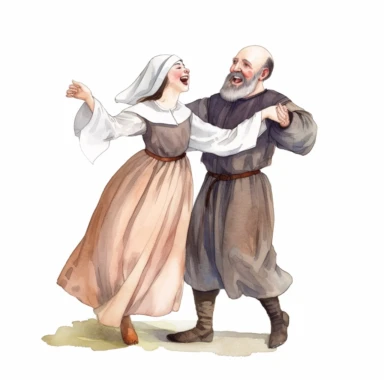 happy bearded medieval older friar Tuck laughing as he is dancing with a pretty young maid watercolor clipart no texts no fonts no letters
