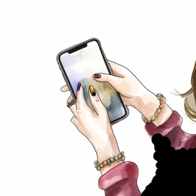 create a hand drawn watercolor clipart of top view of a lady hand using her iphone, white background, 4k