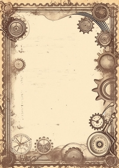 Blank ephemera paper page with ornate border illustrations vintage steampunk elemets, gears and engines pencil sketch, greeting card design, old botanical books style drawing, vintage, distressed textures, muted colors, craft paper texture, handwriting lines in background, pen and ink on paper with watercolor washes Watercolor, vector, white background, rice paper texture, clipart, flat illustration, outlined, Vector, 4K, Art station, digital print, highly detailed clean, detailed illustration, 