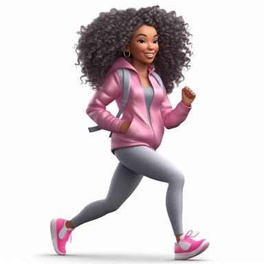 Beautiful young African American lady, with long wavy hair, exercising and brisk walking,wearing pink and gray gym clothes, with pink and gray theme clipart png, sticker, hd, 8k,detailed, good notes, no background