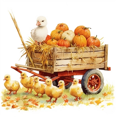 baby farm animals on a hay wagon full of rectangular bales of hay on an autumn day, chickens and ducks walking by, autumn colors on a white background, clipart, vintage style--q2--s1000