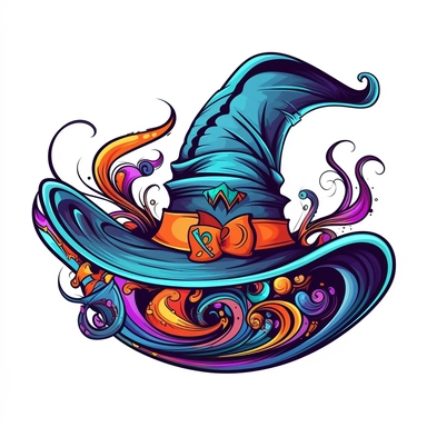 A spooky witch hat with a wide brim, tall with a curved point. The hat is adorned with a colorful band and a decorative buckle, giving it a touch of charm. White background, vector, cartoon clipart, contour.