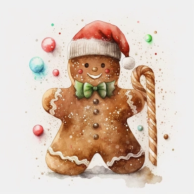 clipart, solid watercolor, realistic, detailed, isolated white background. Gingerbread Man with christmas hat Clipart on white background