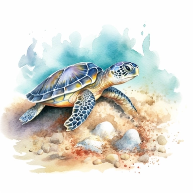 Sea Turtle Nesting: Illustrate a sea turtle laying eggs on a sandy beach, symbolizing the cycle of life and the importance of conservation. watercolor clipart