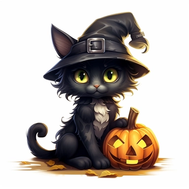 mystical fantasy cute witchy black cat with big halloween pumpkin clipart, hd 4k, detailed, focused, isolated on white background